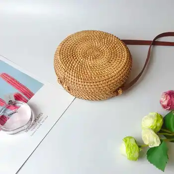 

Gril Bag Handwoven Bali Round Retro Rattan Straw Beach Crossbody Bag Tops(B)