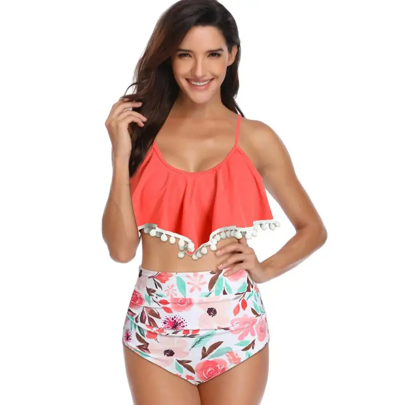 

Nylon High Waist Bikini Flounced Swimwear Women Two Piece Swimsuit Striped Bathing Suits Crop Top Swim Beachwear (Pink Printing)
