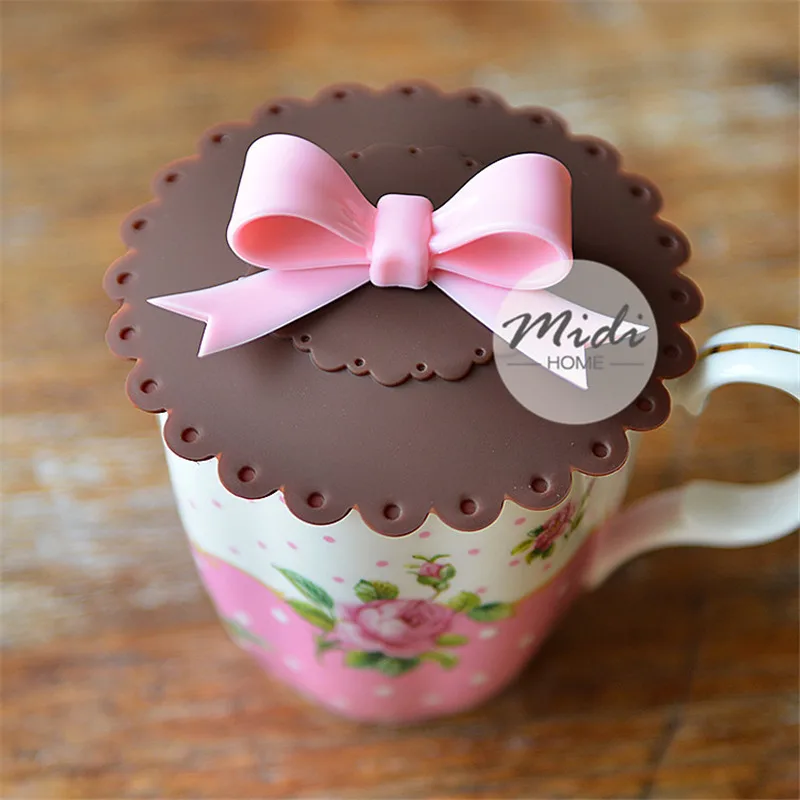

10.5cm Cute Anti-dust Silicone Glass Cup Cover Coffee Mug Suction Seal Lid Cap Silicone Lovely Bowknot Cup Cover HY1