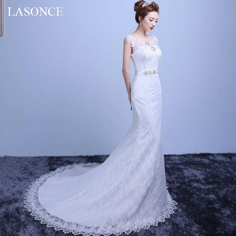 

LASONCE Illusion O Neck Crystal Sash Mermaid Wedding Dresses Lace Appliques Sweep Train Backless Bridal Gowns