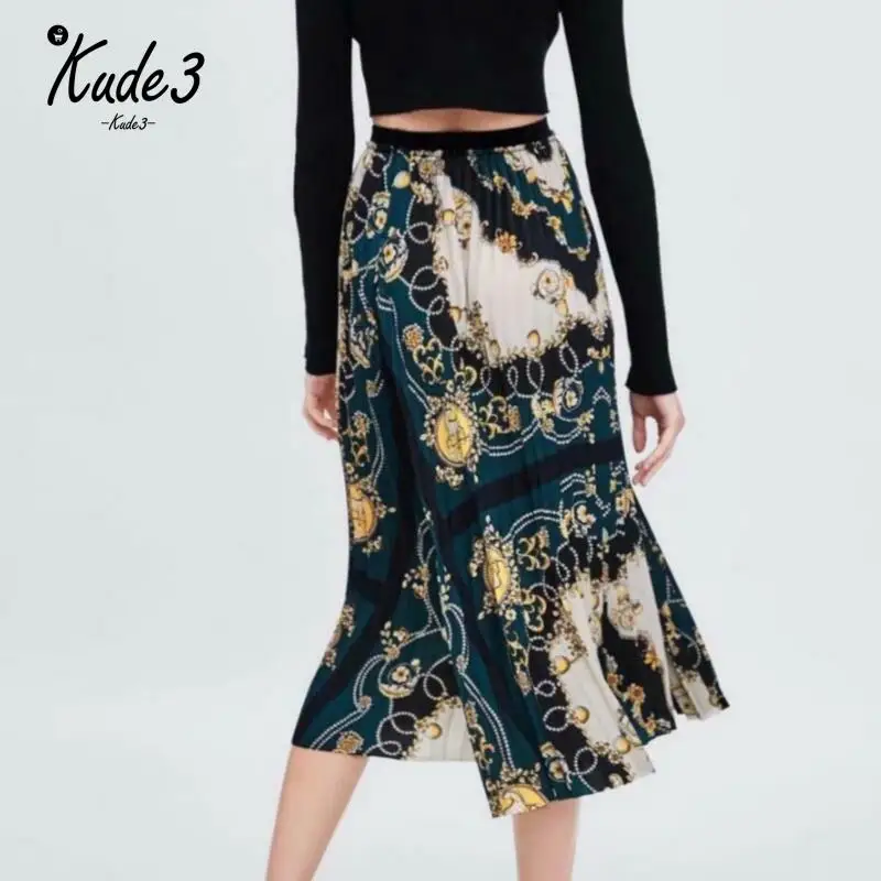 

Summer Autumn Printed Retro Vintage Pleated Skirt Elastic Waist Print Long Skirt 8446