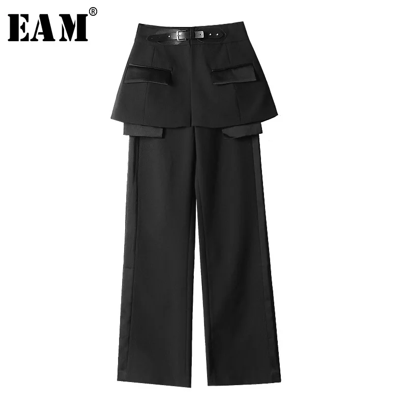 

[EAM] 2019 New Autumn Winter High Waist Black Belt Split Joint Personality Loose Pants Women Trousers Fashion Tide JQ781