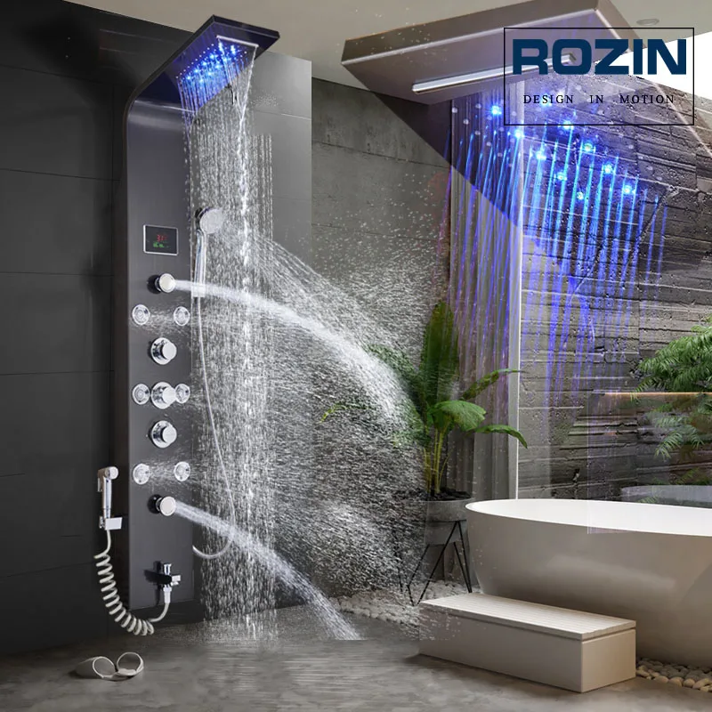 Led Light Shower Faucet Bathroom Waterfall Rain Black Shower Panel