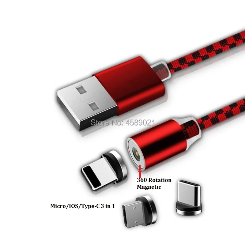 Micro/iOS/type C 3 в 1360 градусов вращающийся Мощный светодиодный магнитный usb кабель для