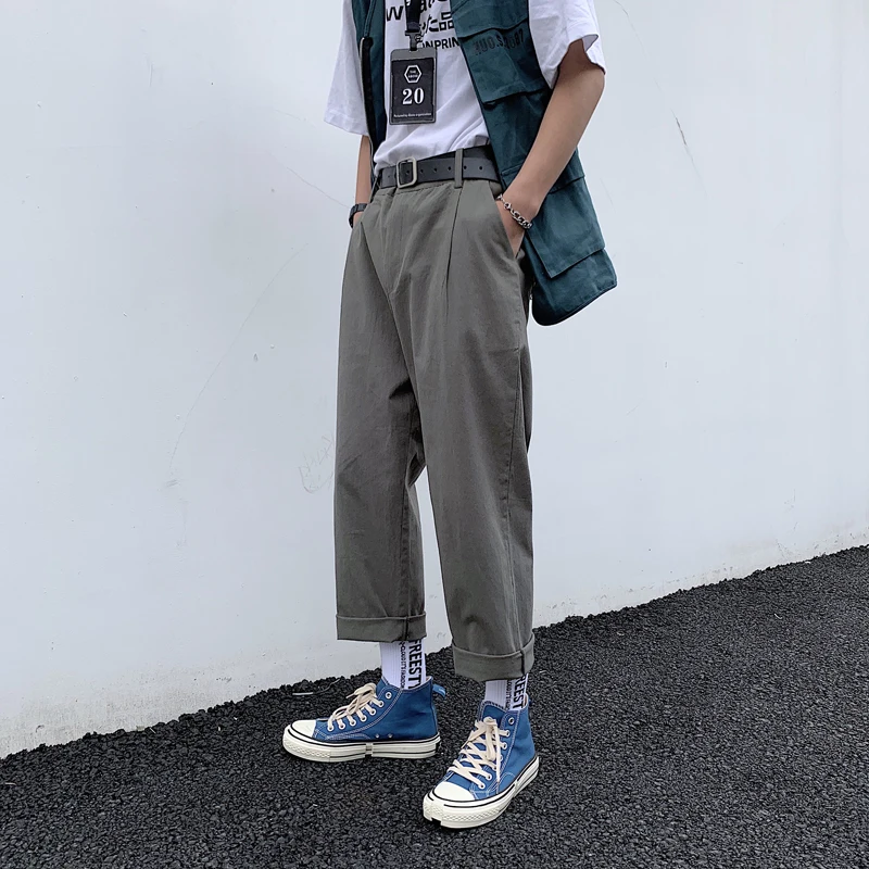 Men's Trousers 2019 Summer New Hong Kong Style Loose Straight Trousers Solid Color Casual Pants Youth Casual Men's Clothing