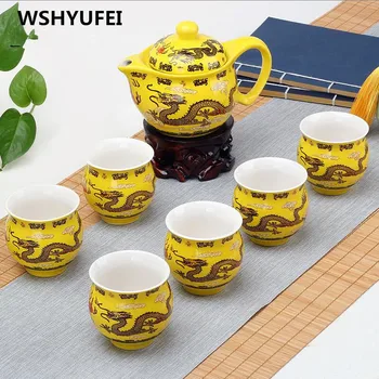 

Jingdezhen 7pcs Tea Set Blue And White Porcelain Double Wall Cup Creative Flower Dragon Moutain Teapot Tea set Tea Set Teaware