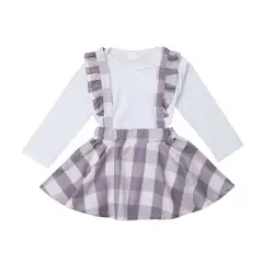 Новое поступление 2019 года; белое боди с длинными рукавами для новорожденных девочек + светло-фиолетовый комбинезон в клетку; юбка на