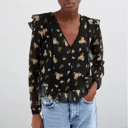Женская шифоновая блузка с цветочным принтом, украшенная кружевом, весна 2019, Новое поступление, блузка с принтом в винтажном стиле ретро