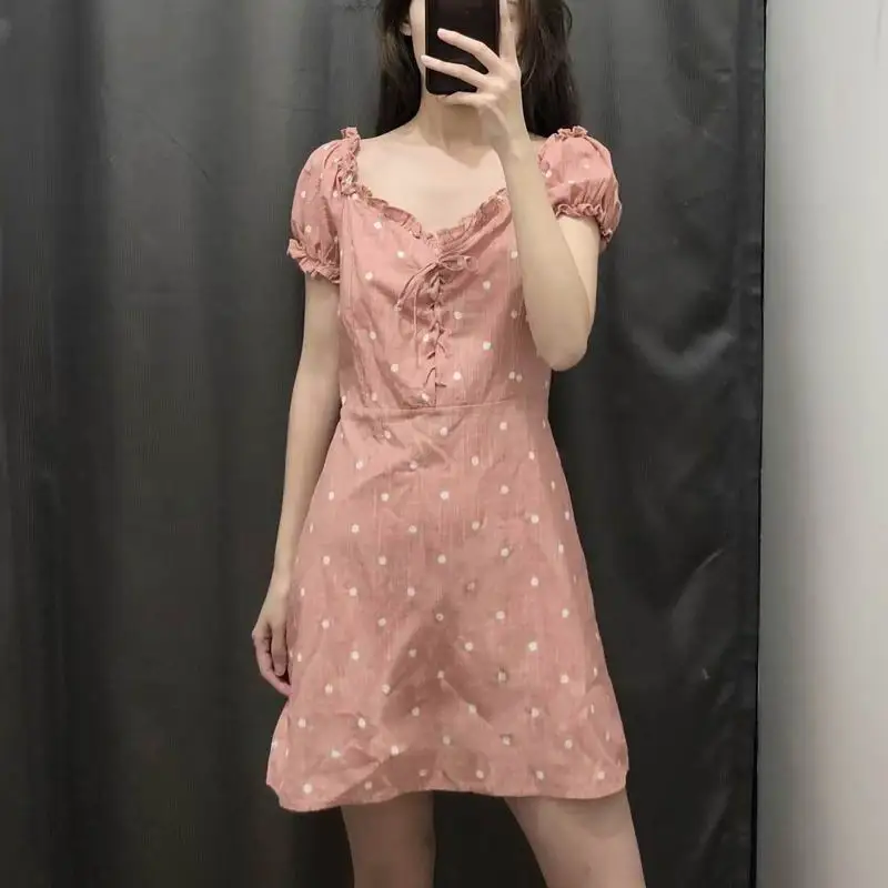 

Women Summer Dress 2019 New Fashion Polka Dot Prints Cotton Lace Up Ruffle Above Knee Casual Dresses Feminino Vestidos