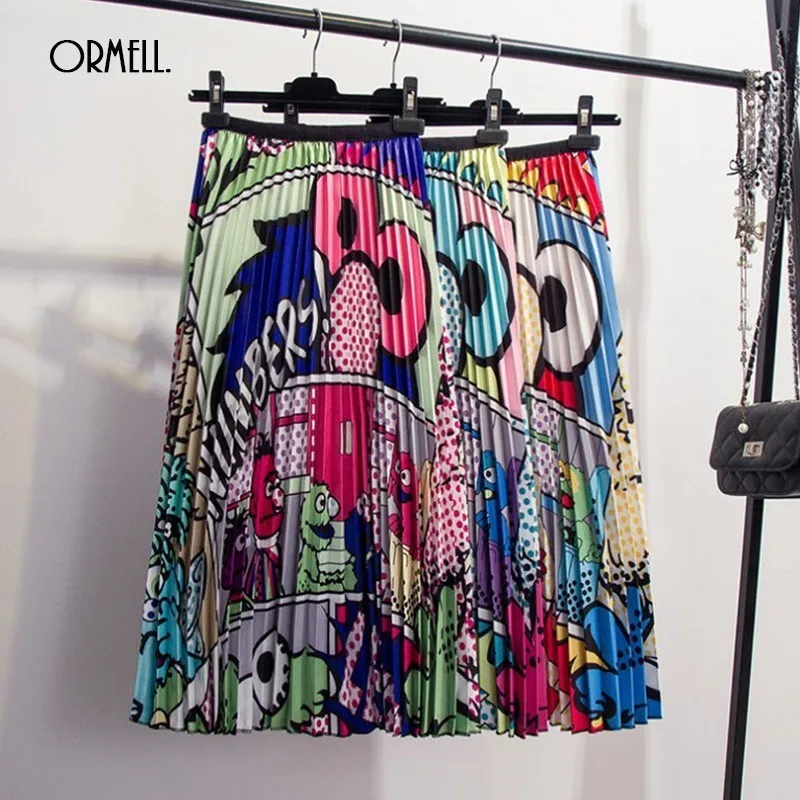 

ORMELL Cartoon Printed Pleated Skirts Women 2019 Animal Pattern High Waist Trendy A-line Summer Fun Streetwear Female Buttoms