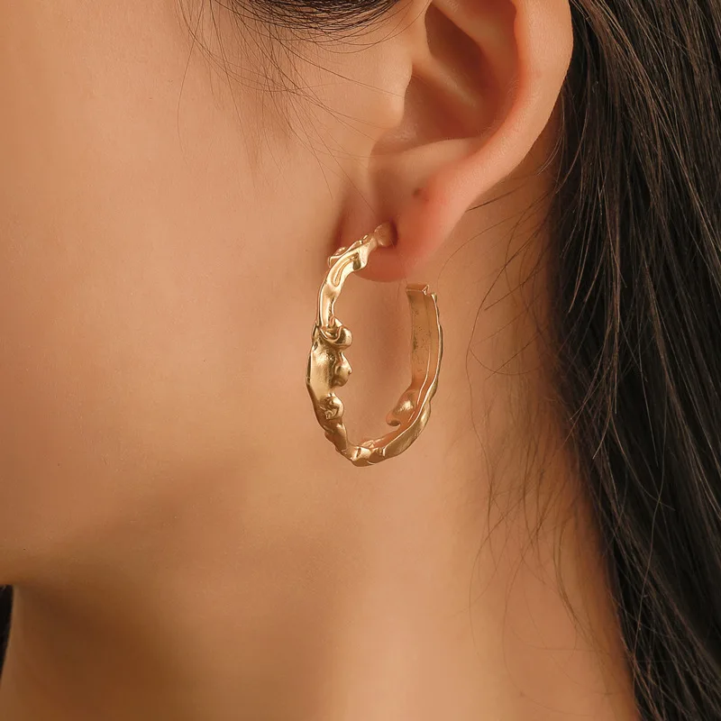 

2019 New Simple Vintage Metal Matte Gold Geometric Concave C-shaped Irregular Circle Big Hoop Earrings for Women Girl Gift