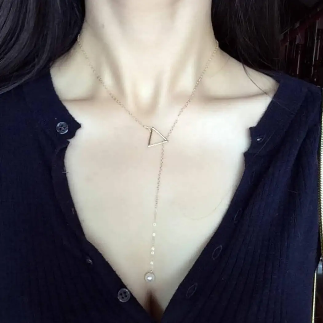 Women Fashion Adjustable Triangle Imitation Pearl Pendant Necklaces Jewelry Casual Party Beach etc Hollow Out Link Chain | Украшения и