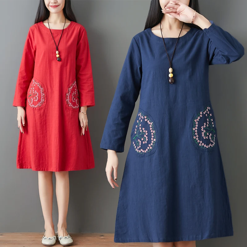 

Women 2019 Spring Summer Vintage Elegant Floral Embroidery A-line Dress Casual O-neck Long Sleeve Dresses Vestidos