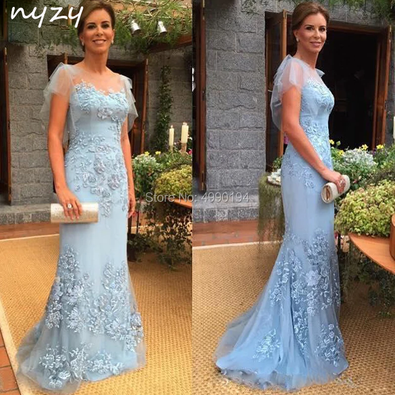 

NYZY M26 Mother of Groom Dresses Blue Elegant 2019 Lace Short Sleeve Bride Mother Evening Gowns Wedding Party Guest Formal Dress