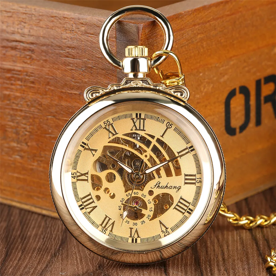 Luxury Mechanical Pocket Watch Gold Roman Numerals Open Face Display