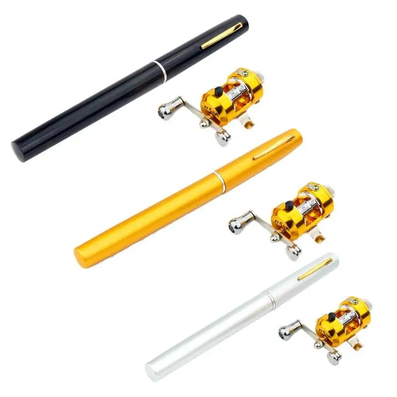 

1m Metal Portable Pocket Telescopic Mini Fishing Pole Pen Shape Folded Fishing Rod with Reel Wheel Fishing Tackle Tool