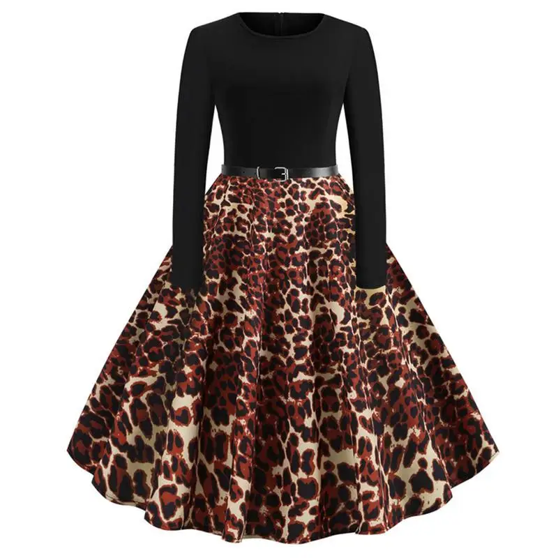 

New Vintage Leopard Print Long Sleeve Flare Dress Women Retro Vintage Pin Up Rockabilly Belted Large Swing Dress Woman Clothes