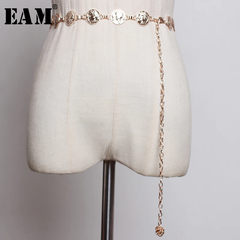 

[EAM] 2019 New Spring Summer Metal Chain Decoration Split Joint Personality Long Belt Women Fashion Thin Tide All-match JT739