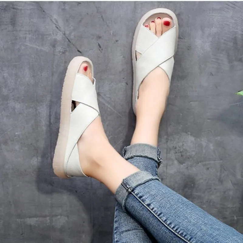 Women Sandals 2019 Summer Casual Women Shoes Leather Ladies Flat Sandal Soft Bottom Slip On Sandals Handmade Woman Sandals