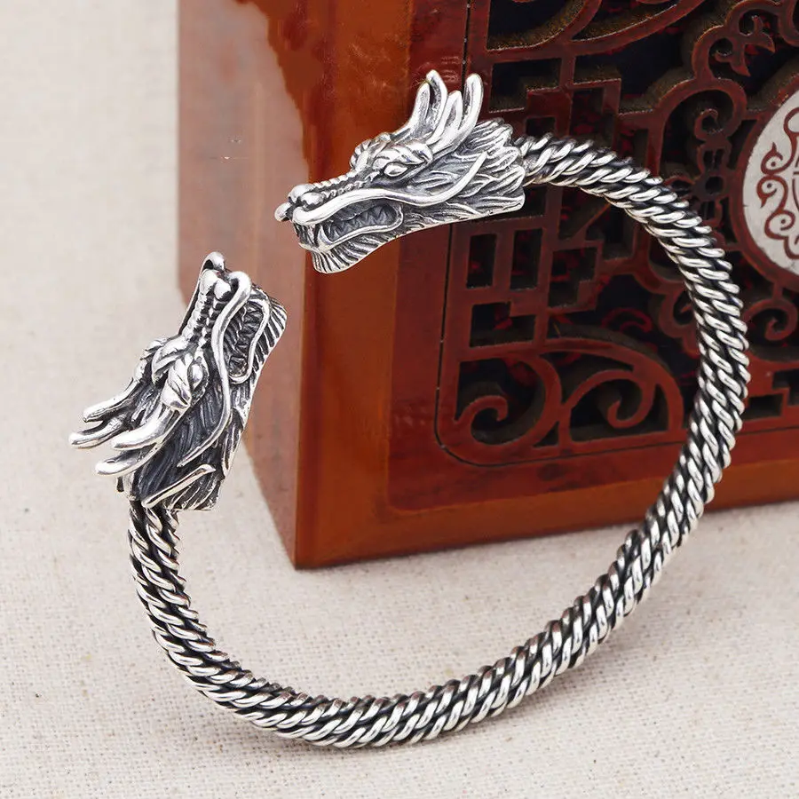 

S999 Sterling Silver Bangle Perfect With Double Dragon 7.6