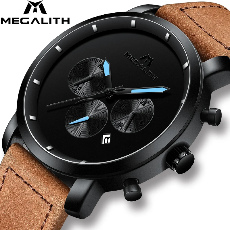 

MEGALITH Fashion Watches For Men Waterproof Chronograph Sports Watches For Men Brown Leather Male Clock Relogio Masculino