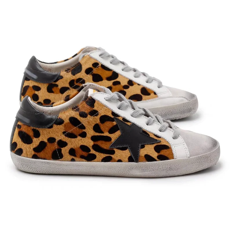 

Leopard Suede Women Casual Shoes Women Loafers Golden Star Genuine Leather Lace Up Designer Vintage Do Old Dirty Shoes