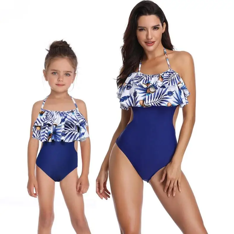 

Printed One Piece Ruffle Swimwear Backless Halter Parent-Child Beachwear
