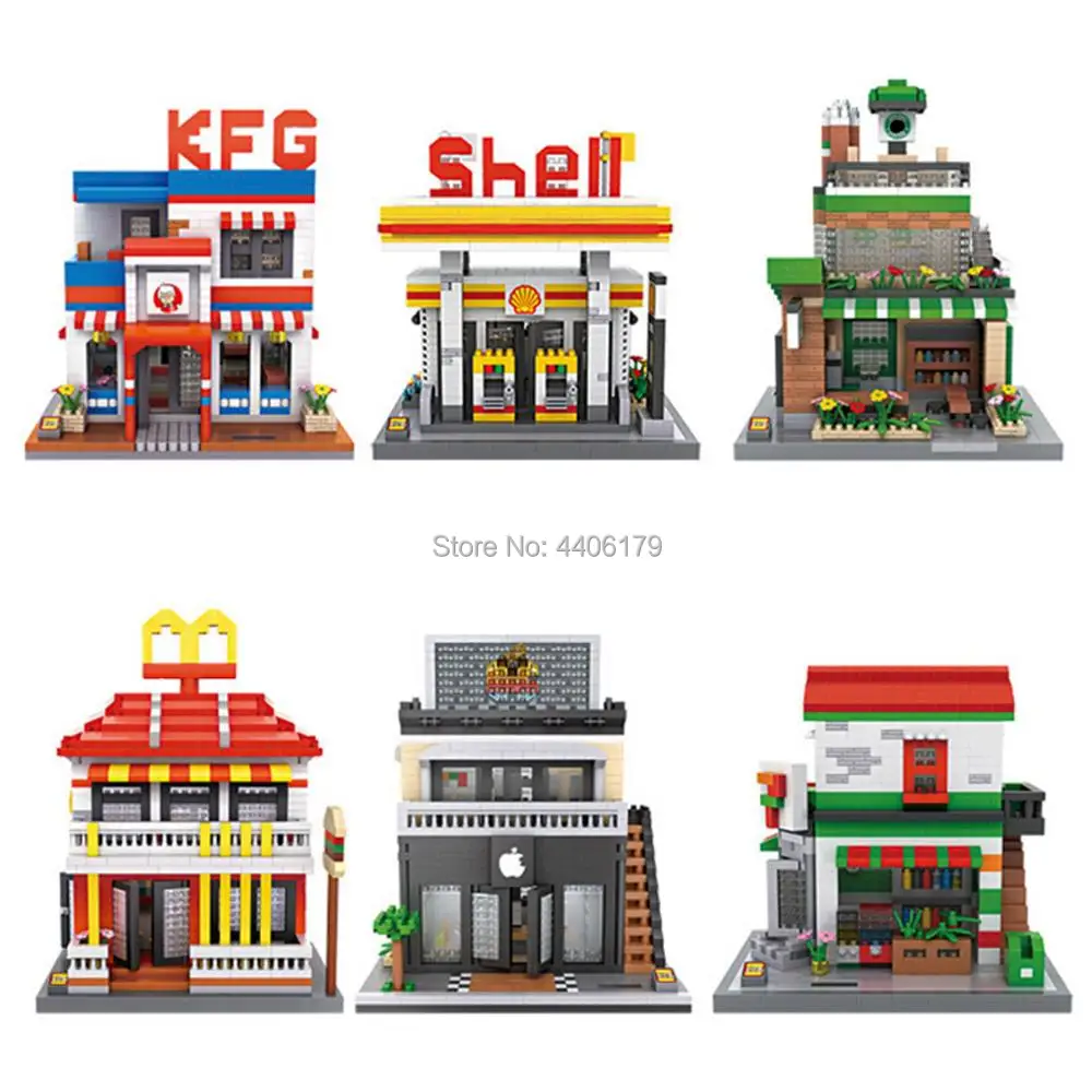 

LegoINGlys city Street view shell Gas station Star Mcdonald apple shop Restaurant micro diamond building block bricks toys gift