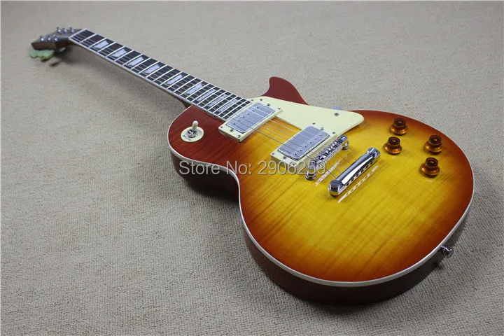 

High quality light sunburst Chinese mahogany guitar,flamed maple top,free shipping chrome hardware,57 version