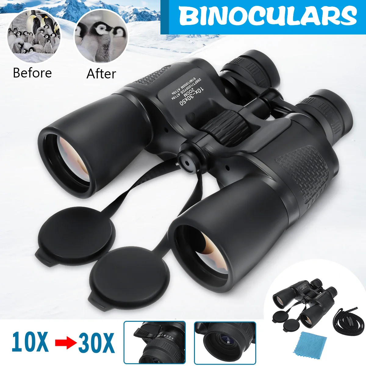 

10-30x50 Binoculars Telescope HD Light Night Vision BAK4 Binocular for Hunting Professional Monocular Telescope Dropshipping