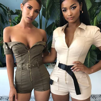 

Black Beige Rompers Womens Jumpsuit Label Turn-down Collar BELTED PLAYSUIT Short Sleeve Detachable Belt