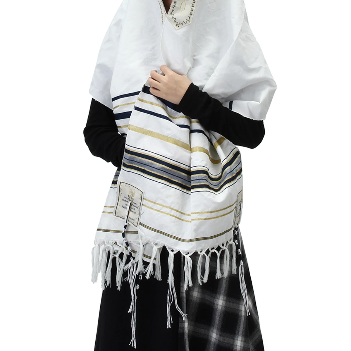 

Winter Women Scarf Messianic Jewish Tallit Prayer Shawl Blue And Gold Stripe Prayer Shawl And Talis Bag Prayer Scarfs 175X50CM