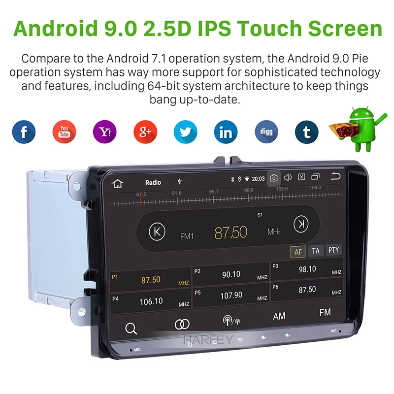 Perfect Harfey 9" Android 9.0 GPS Autoradio 2din Car Multimedia Player for VW Golf Jetta Tiguan T5 B7 Passat MK5 Seat Leon Skoda Octavia 2