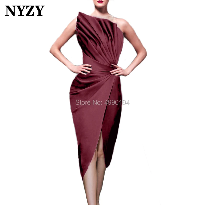NYZY C102 Robe Cocktail Dress Emerald Green Satin High Slit One Shoulder Evening Dress Short vestido coctel