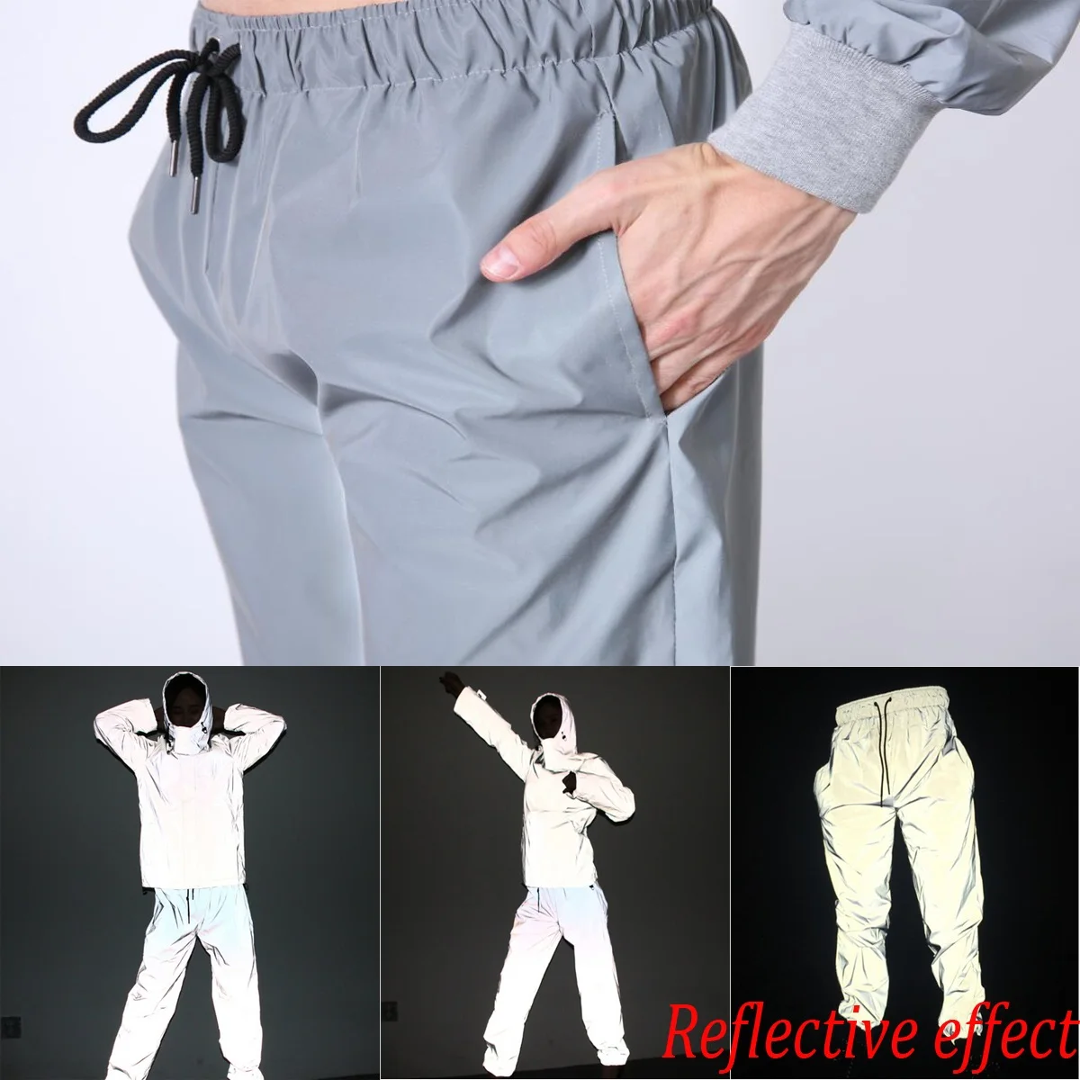 

Men's Casual Night Party Hip Hop Dance Cycling Pants Reflective Pants Long Trousers Gray