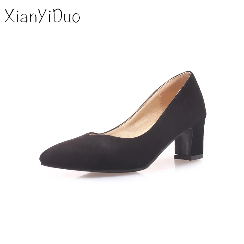 

xianyiduo 2019 new Spring Slingbacks Concise Women's Shoes Pointed Toe slip-On Middle heels Block Pumps big size 34-48 pink/19-3