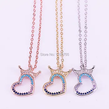 

8Pcs Metal Copper Micro Pave CZ Heart Pendant Beads With Zirconia Crown Charm Necklace