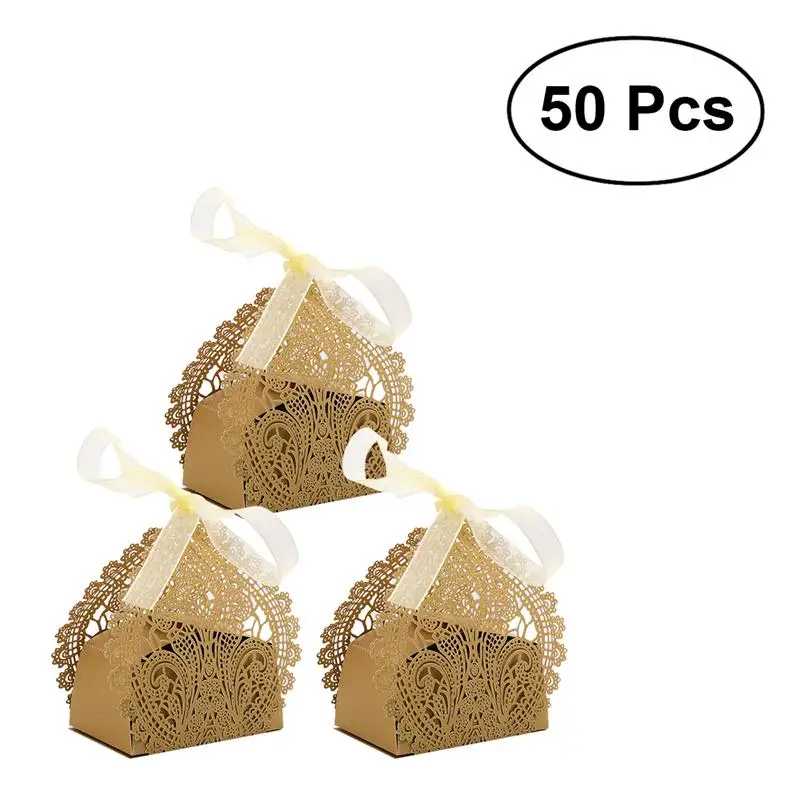 50 шт свадебные сувенирные коробки полые крафт бумаги для подарков Конфеты сладости с лентами(Шампань