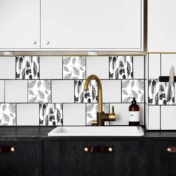 

10pcs/lot 20cmx20cm Black White Feather Home Wall Decor Decal Waterproof Bathroom Sticker Self Adhesive Kitchen Art Tile Sticker