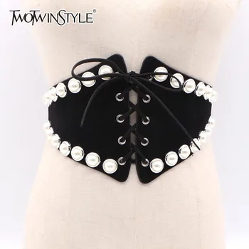 

TWOTWINSTYLE Suede Wide Waistband For Women Dresses Patchwork Pearls Lace Up Bowknot Female Belt 2020 Accessories Fashion New