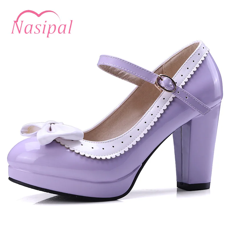 

Nasipal Women Pumps Sweet Bow Knot Lolita Shoes Woman Chunky High Heels Round Toe Platform Patent Leather Women's Shoes V304
