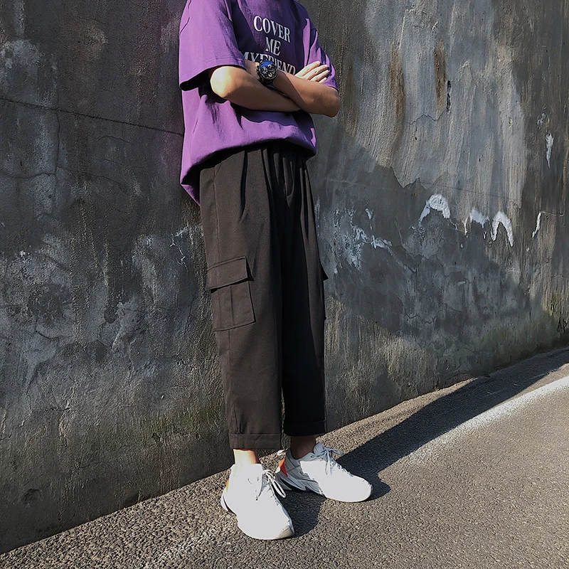 Men's Trousers  Summer New Loose Solid Color Stereo Pocket Korean Version Of The Straight Nine Pants Youth Casual Men's Clothing