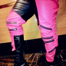 S-5XL мужская одежда певица Bigbang панк двойной цвет мозаика молния Локомотив кожаные штаны Брюки Большие размеры костюмы