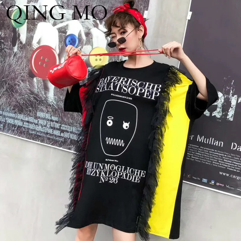 QING MO 2019 женское черное Сетчатое платье в стиле пэчворк белое большого размера