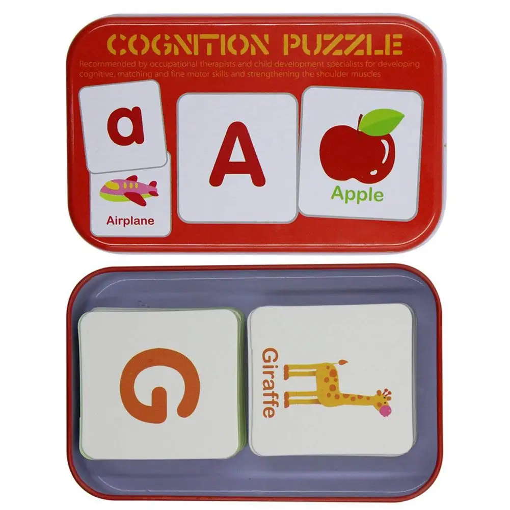 BabyPrice 32pcs Anti-Tear Flash Cards Learning Alphabet Puzzle Cards Jigsaw Shape Matching Puzzle Cognitive Early Educational Learning Toys with Mental Storage Box