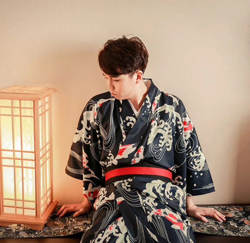Summer Male Koi Fish Wave Kimono Festival Traditional Bathrobe Dress Cosplay Samurai Kimono Costumes