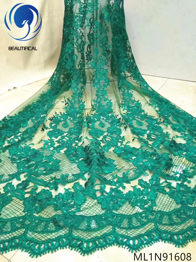 

Beautifical Green nigerian lace fabrics for women dress 2019 Top sale embroidery sequins net lace 5yards french lace ML1N916