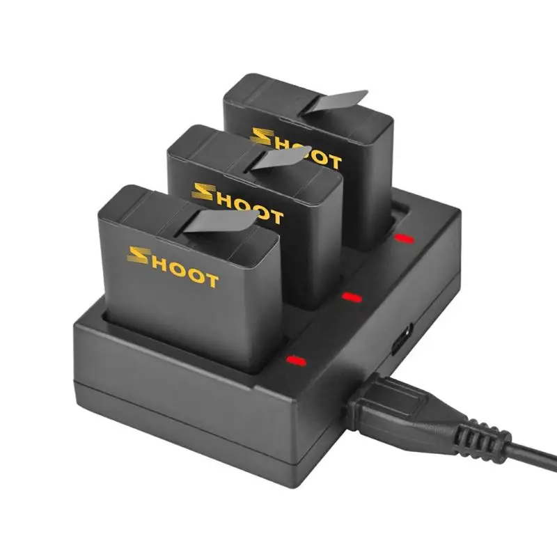 

SHOOT 3Pc Battery With Three Port USB Battery Charger For GoPro Hero 7 6 5 Black Sport Action Camera Batteries Fast Charging Kit