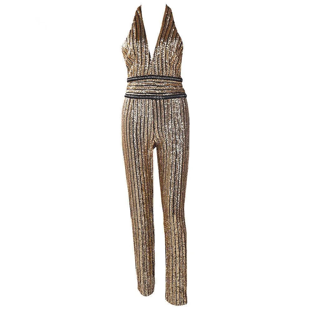 Women Halter Deep V Neck High Waist Slim Night Club Overalls Spaghetti Straps Sexy Backless Rompers Sleeveless Sequined Jumpsuit