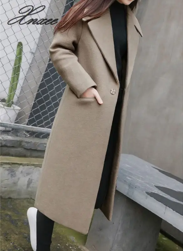 Женское длинное шерстяное пальто с отворотом, плотное, свободное, однотонное, темное, с пряжкой, длинное, до колена, зимнее пальто, большой размер, шерстяное пальто для женщин, Новинка